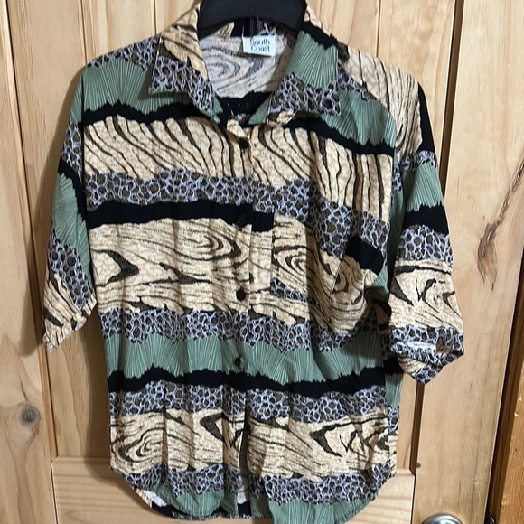 Vintage South Coast Green and Black Animal Print Button-Up Shirt - Picture 1 of 4